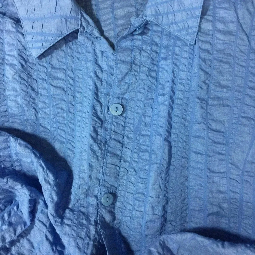 Studio Works 2Pc Shirt & Tank Petite Size PM Button Up Textured Blue Crinkle - Picture 7 of 7